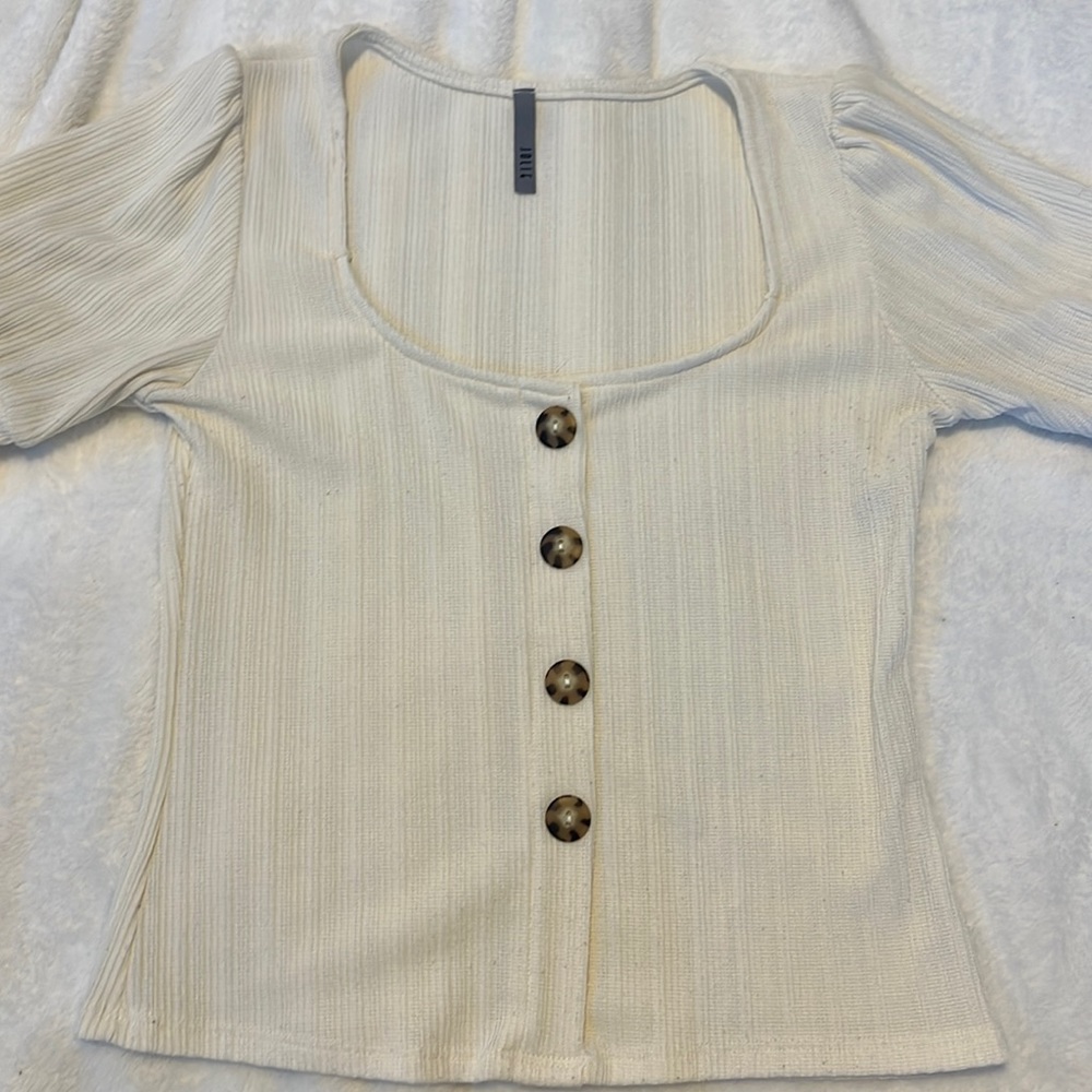 women’s medium square neck ruffle sleeve cream button up non-crop tee shirt.